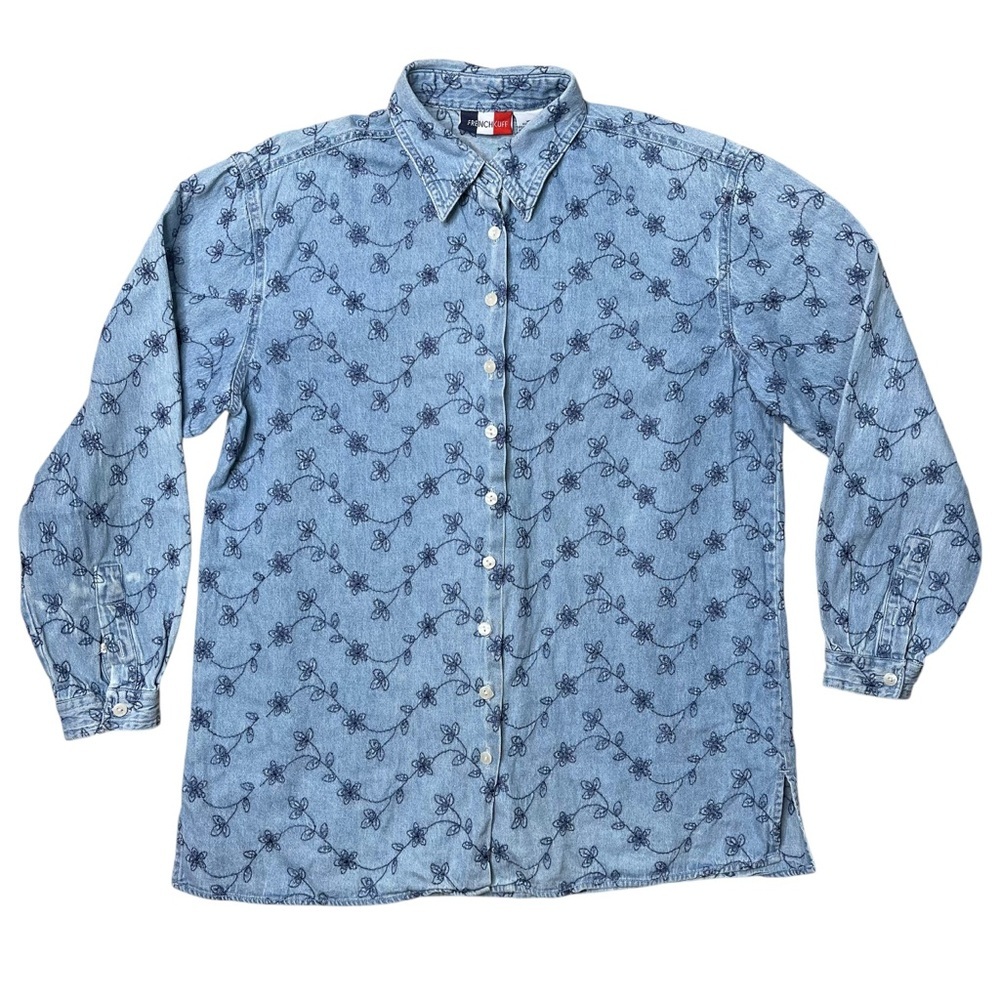 Vintage French Kuff Women’s Medium Wash Denim Floral Embroider Button Down Shirt